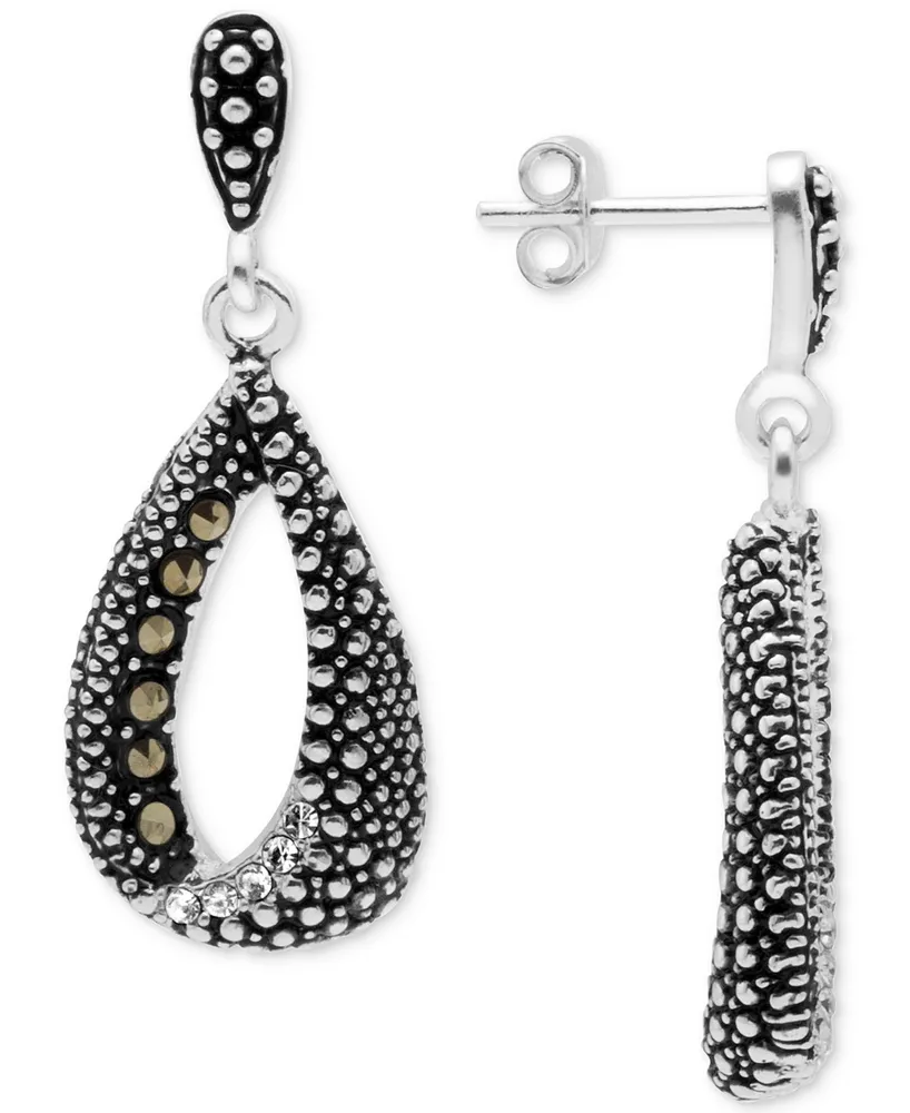 Marcasite & Crystal Teardrop Loop Drop Earrings in Silver-Plate