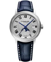 Raymond Weil Men's Swiss Maestro Moonphase Dark Blue Leather Strap Watch 39.5mm