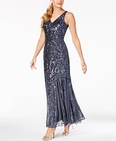 R&M Richards Petite Sleeveless Pleated Sequin Embellished Gown