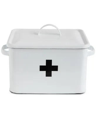 Enameled Metal First Aid Box with Lid and Swiss Cross, White and Black