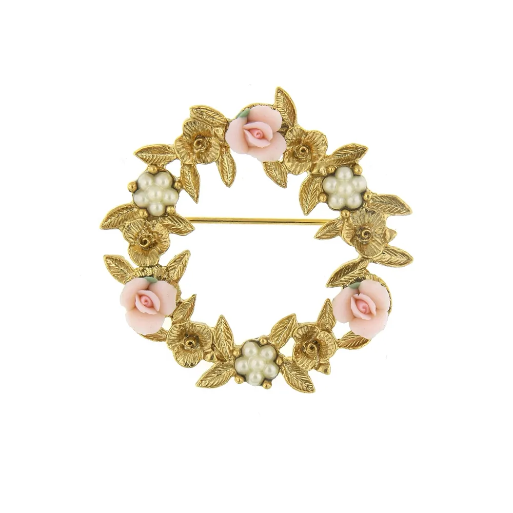 2028 Gold-Tone Pink Porcelain Rose Wreath Brooch