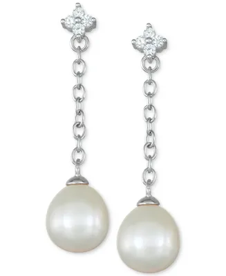 Cultured Freshwater Pearl (8mm) & Cubic Zirconia Flower Chain Earrings in Sterling Silver