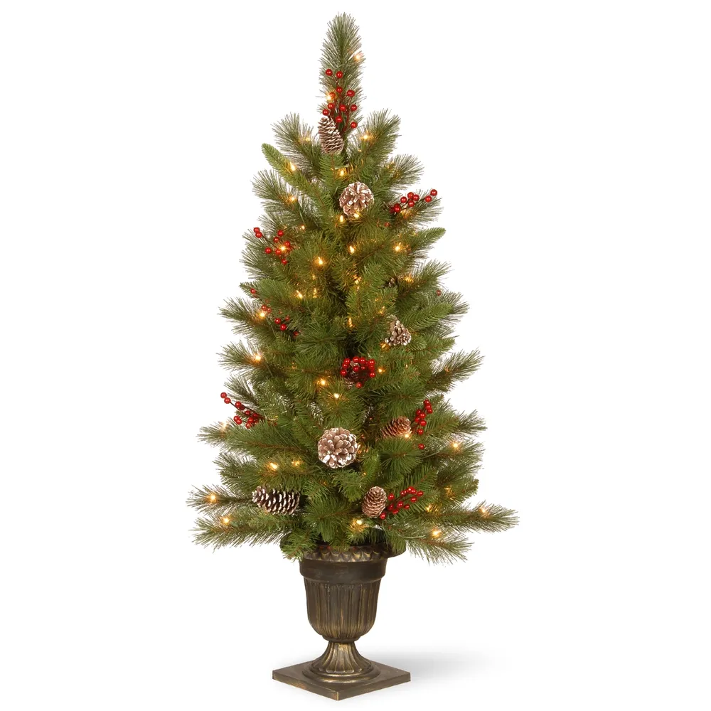 National Tree Company 4' Feel Real Bristle Berry Entrance Tree in Dark Bronze Pot with 100 Clear Lights