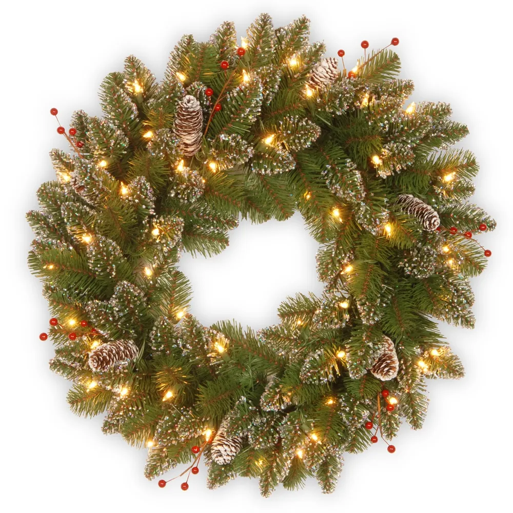 National Tree 24" Glittery Mountain Spruce Wreath with White Edged Cones, Red Berries and 50 Warm White Battery Operated Led Lights with Timer