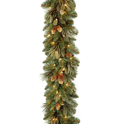 National Tree Company 9' x 10" Carolina Pine Garland with flocked cones & 100 Battery Operated Led Lights