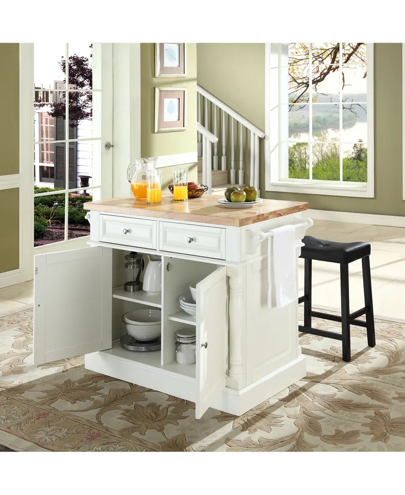 Oxford Butcher Block Top Kitchen Island With 24" Upholstered Saddle Stools