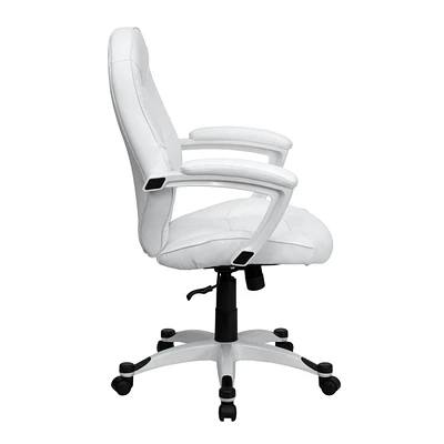 Mid-Back White Leather Executive Swivel Chair With Arms