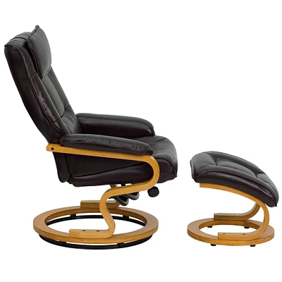 Contemporary Leather Recliner And Ottoman With Swiveling Maple Wood Base
