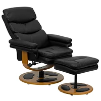 Contemporary Black Leather Recliner And Ottoman With Wood Base