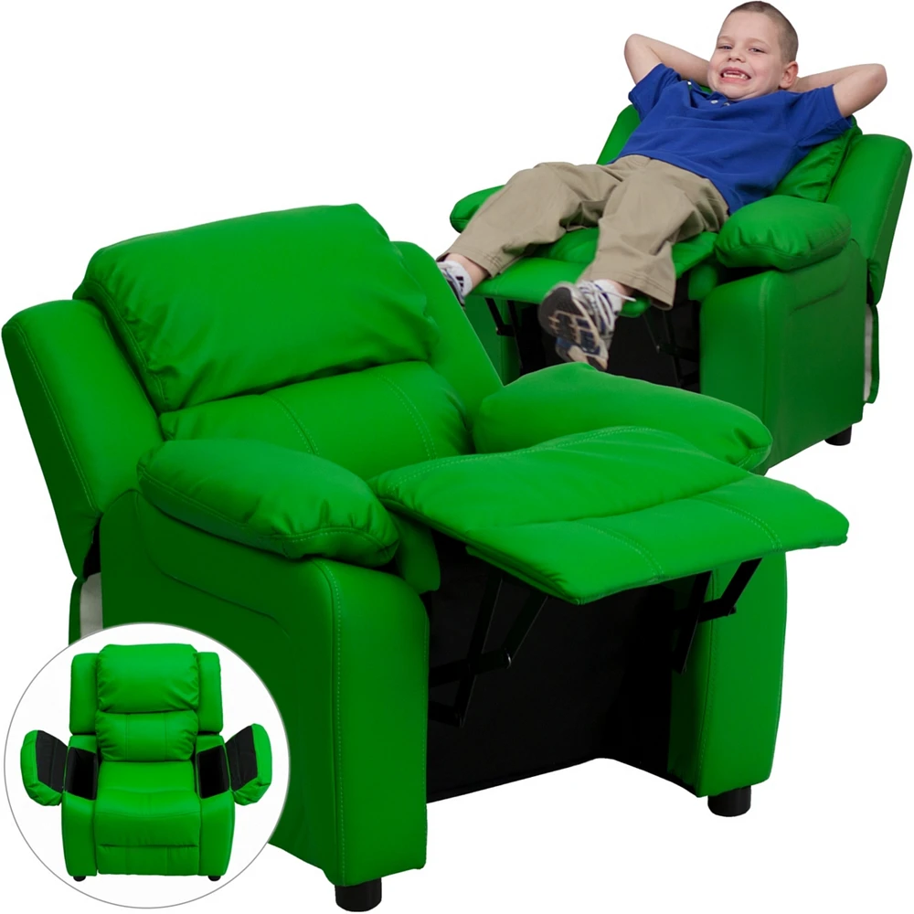 Deluxe Padded Contemporary Vinyl Kids Recliner With Storage Arms