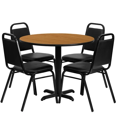 36'' Round Natural Laminate Table Set With 4 Black Trapezoidal Back Banquet Chairs