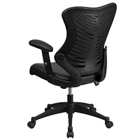 High Back Designer Black Mesh Executive Swivel Chair With Leather Seat And Adjustable Arms