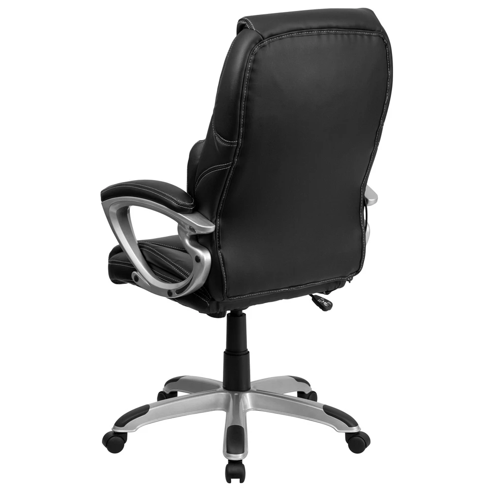High Back Massaging Black Leather Executive Swivel Chair With Silver Base And Arms