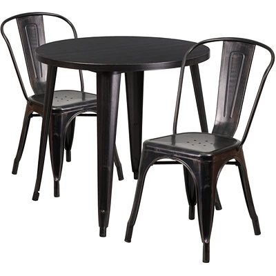30'' Round Black-Antique Gold Metal Indoor-Outdoor Table Set With Cafe Chairs