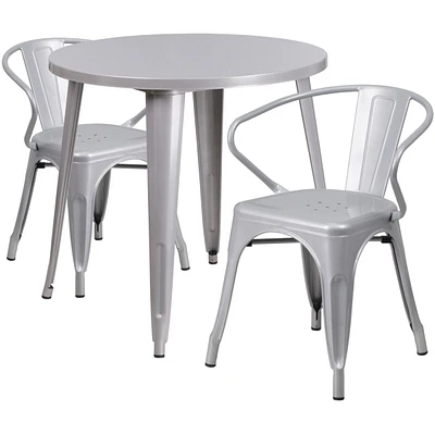 30'' Round Silver Metal Indoor-Outdoor Table Set With Arm Chairs