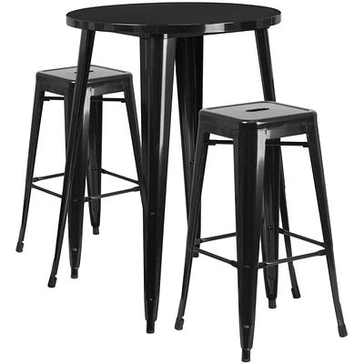 30'' Round Metal Indoor-Outdoor Bar Table Set With 2 Square Seat Backless Stools