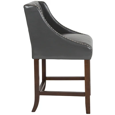 Carmel Series 24" High Transitional Tufted Walnut Counter Height Stool With Accent Nail Trim In Dark Gray Leather