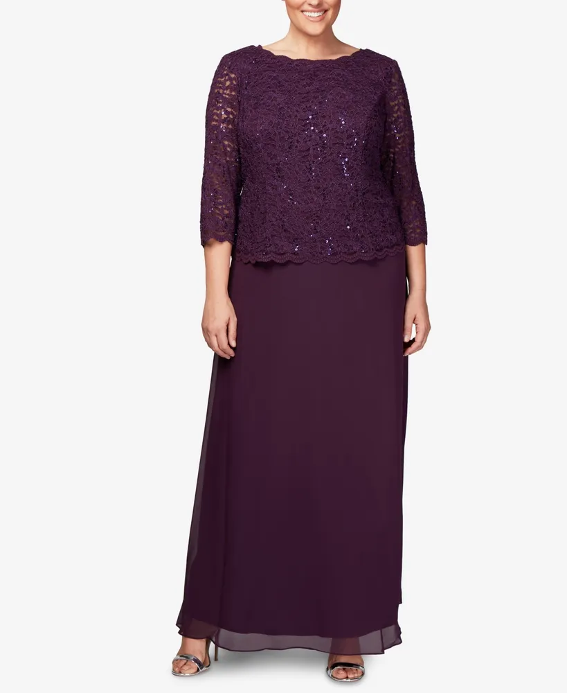 Alex Evenings Plus Sequined Scalloped Edge Lace Top Gown