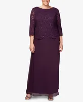 Alex Evenings Plus Sequined Scalloped Edge Lace Top Gown