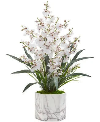 Nearly Natural Dancing Lady Orchid Artificial Arrangement in Faux Marble Vase