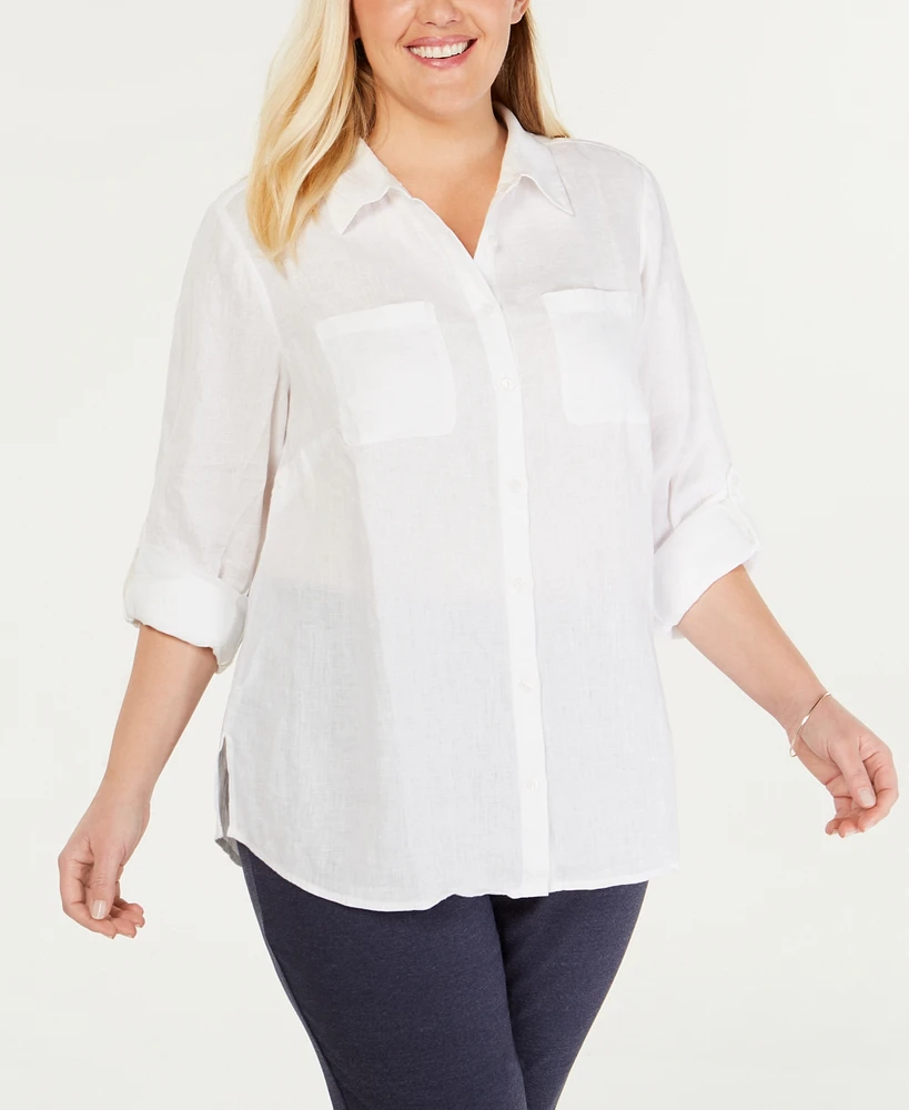 Charter Club Plus 100% Linen Roll-Tab Shirt, Exclusively at Macy's