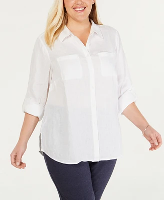 Charter Club Plus 100% Linen Roll-Tab Shirt, Created for Macy's