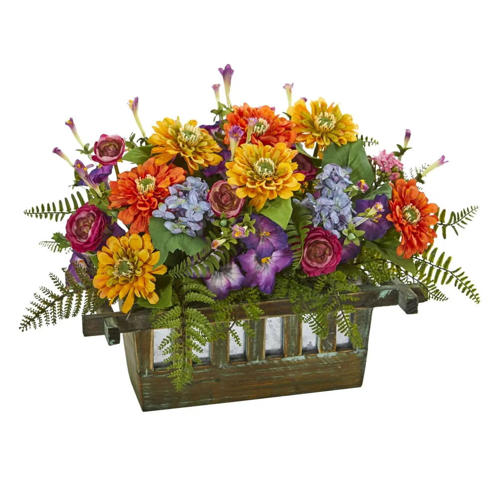 Nearly Natural Mixed Floral Artificial Arrangement in Rectangular Wood Planter