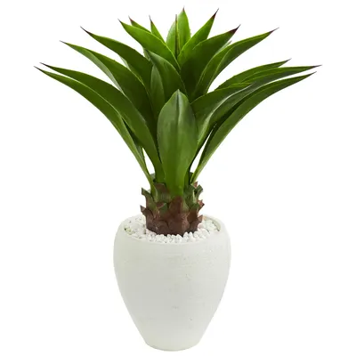 Nearly Natural Agave Artificial Plant in White Planter