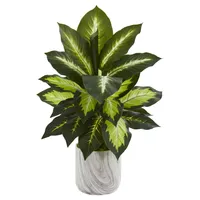 Nearly Natural Dieffenbachia Artificial Plant in Marble Finish Planter, Set of 2