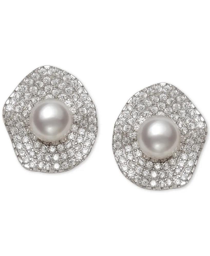 Cultured Freshwater Pearl (6mm) & Cubic Zirconia Button Stud Earrings in Sterling Silver