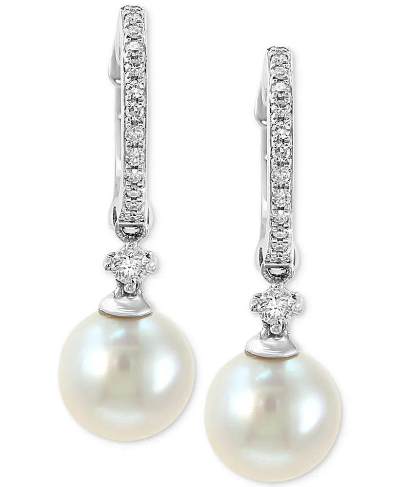 Effy Cultured Freshwater Pearl (7mm) & Diamond (1/6 ct. t.w.) Hoop Drop Earrings in 14k White Gold