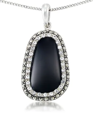Onyx (19 x 11mm), Crystal & Marcasite Pendant on 18"Chain in Sterling Silver