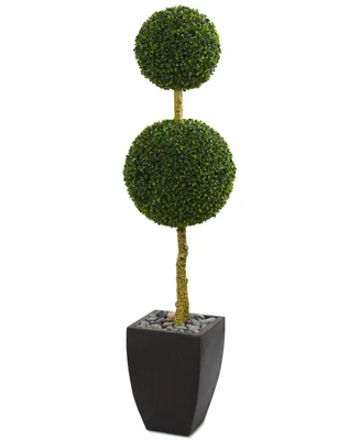 Nearly Natural 5' Double Ball Boxwood Topiary Artificial Tree in Black Wash Planter Uv Resistant
