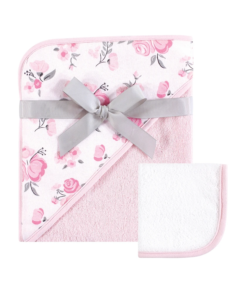 Hudson Baby Unisex Baby Hooded Towel and Washcloth, Pink Floral 2-Piece Set, One Size