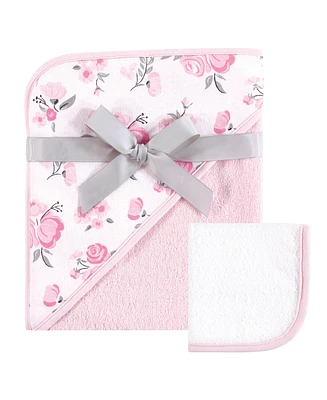 Hudson Baby Unisex Baby Hooded Towel and Washcloth, Pink Floral 2-Piece Set, One Size