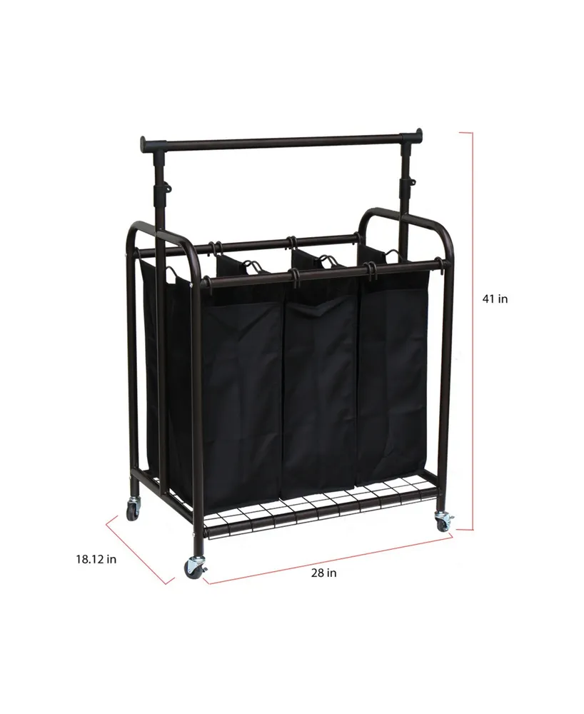 Oceanstar 3-Bag Rolling Laundry Sorter with Adjustable Hanging Bar