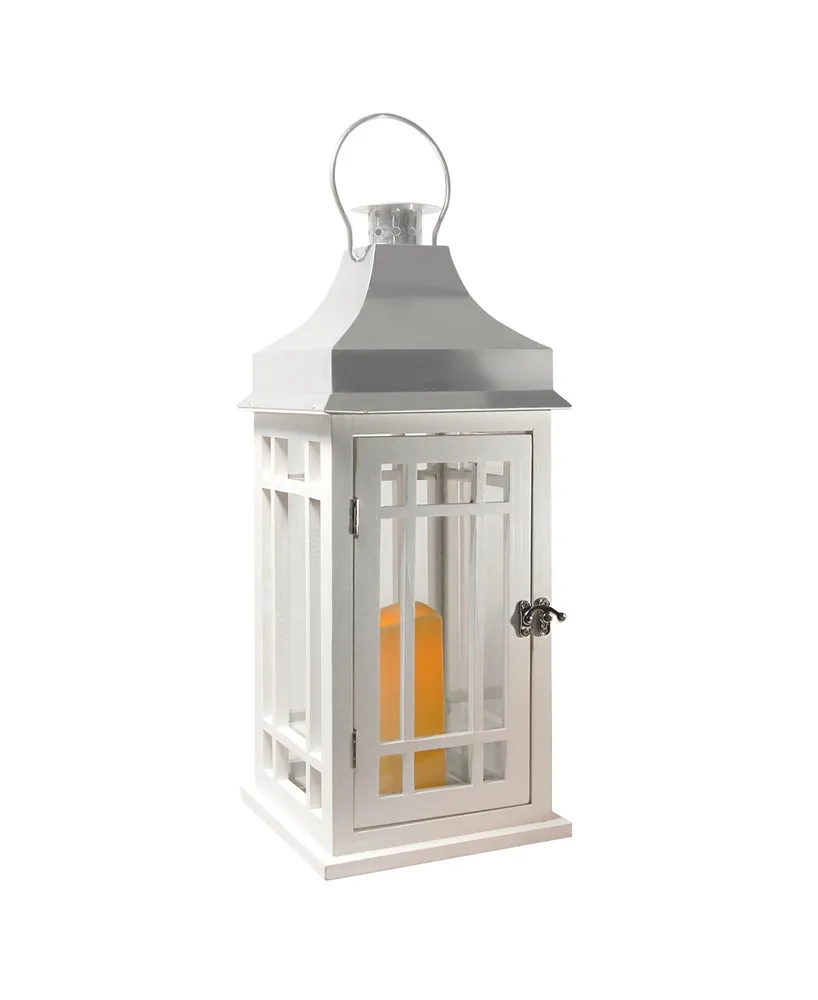 Lumabase White Wooden Lantern with Chrome Roof and Led Candle