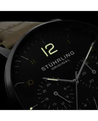 Stuhrling Original Men's Quartz Watch, Silver Case, Black Dial, Beige Genuine Leather Strap