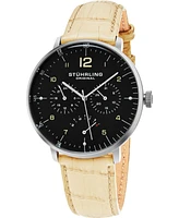 Stuhrling Original Men's Quartz Watch, Silver Case, Black Dial, Beige Genuine Leather Strap