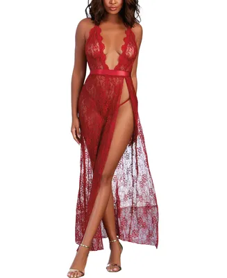 Dreamgirl Women's Lace Halter Lingerie Gown with Scalloped-Edge Trim
