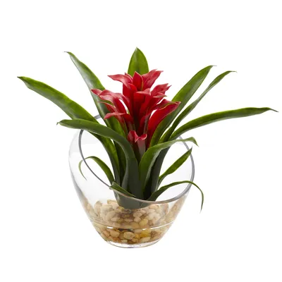 Nearly Natural 8" Tropical Bromeliad Angled Vase Artificial Arrangement