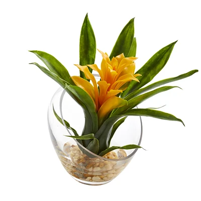 Nearly Natural 8" Tropical Bromeliad Angled Vase Artificial Arrangement