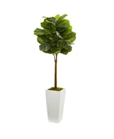 Nearly Natural 4' Fiddle Leaf Artificial Tree in White Tower Planter