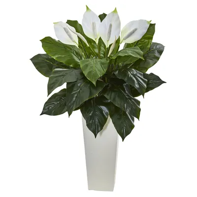 Nearly Natural 3' Spathiphyllum Artificial Plant in White Tower Planter