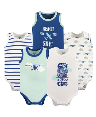 Luvable Friends Baby Boy Cotton Sleeveless Bodysuits 5pk, Airplane, 18-24 Months