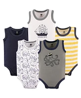 Hudson Baby Boys Cotton Sleeveless Bodysuits 5pk, Sea Captain, 9-12 Months