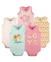 Luvable Friends Baby Girls Cotton Sleeveless Bodysuits 5pk, Love