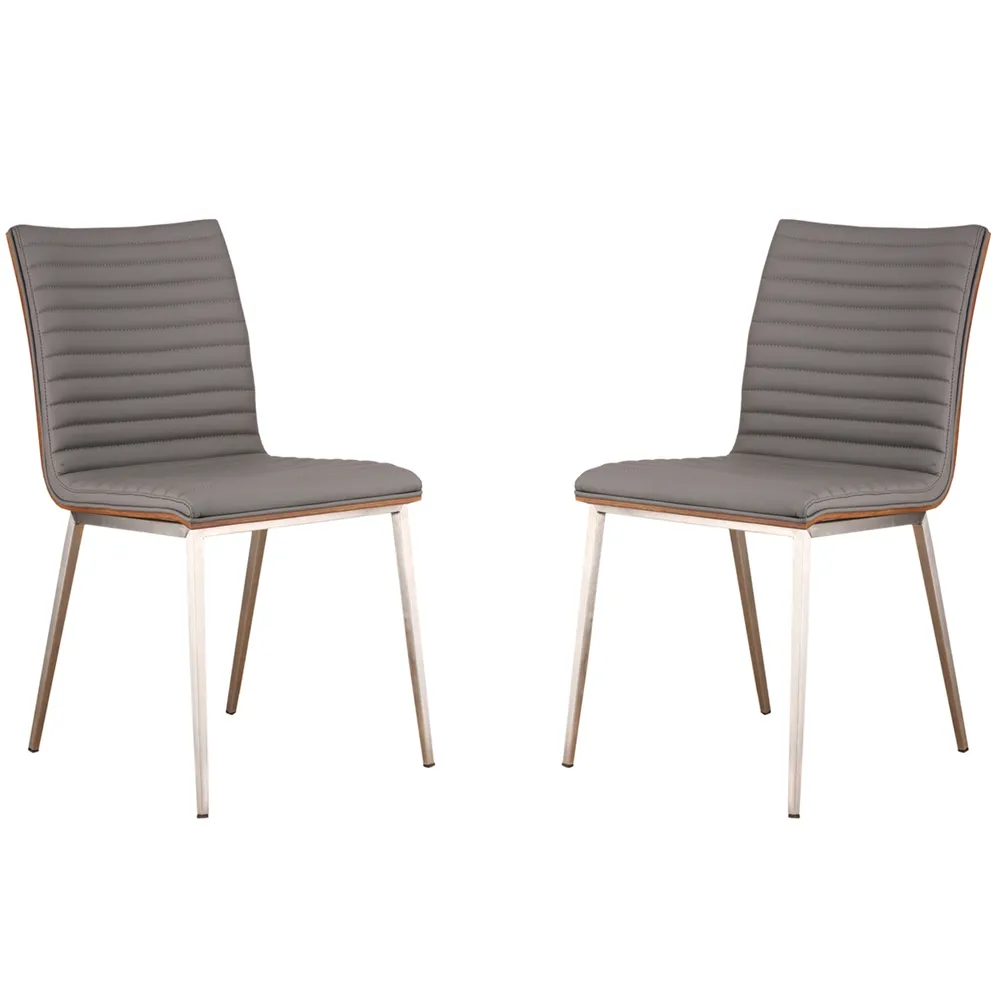 Cafe Brushed Stainless Steel Dining Chair Gray Artificial leather with Walnut Back - Set of 2