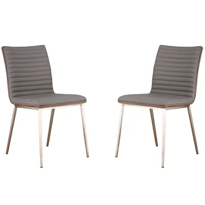Cafe Brushed Stainless Steel Dining Chair Gray Artificial leather with Walnut Back - Set of 2