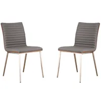 Cafe Brushed Stainless Steel Dining Chair Gray Artificial leather with Walnut Back - Set of 2